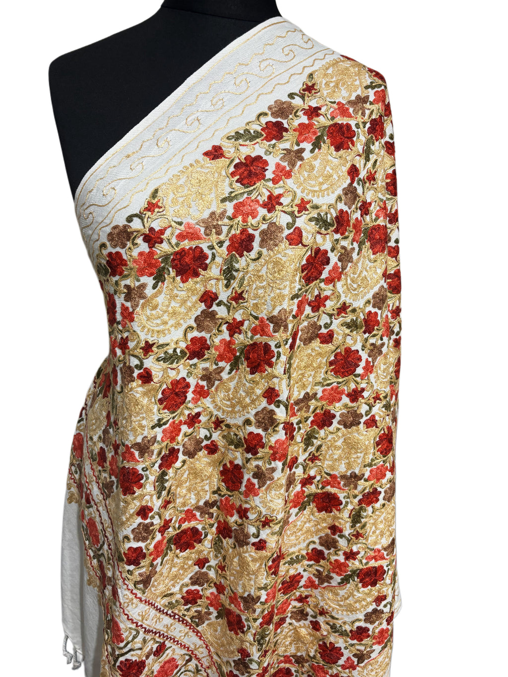 Luxurious Kashmiri Embroidery - cream Shawl with multi floral embroidery Intricate Design