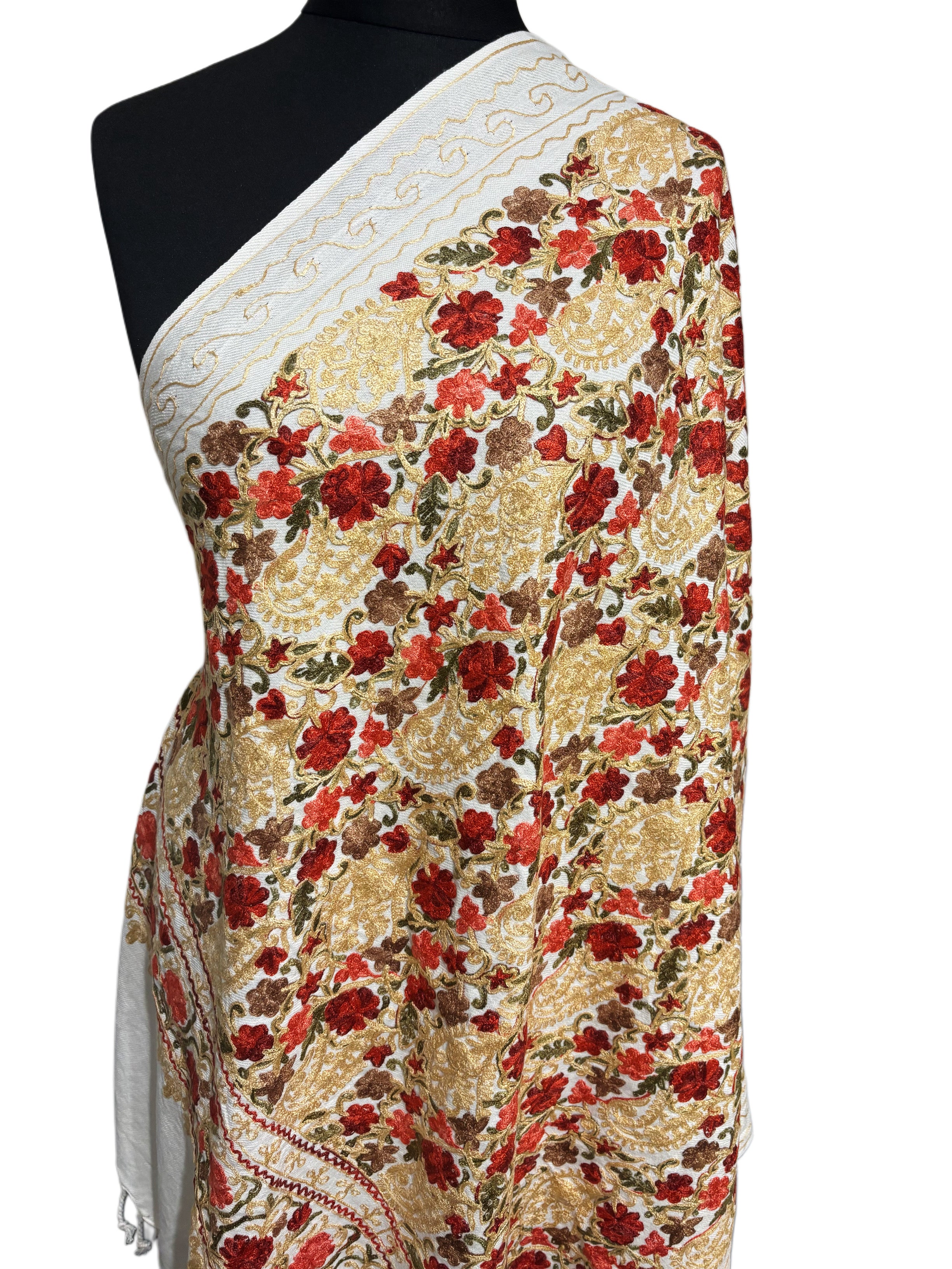 Luxurious Kashmiri Embroidery - cream Shawl with multi floral embroidery Intricate Design