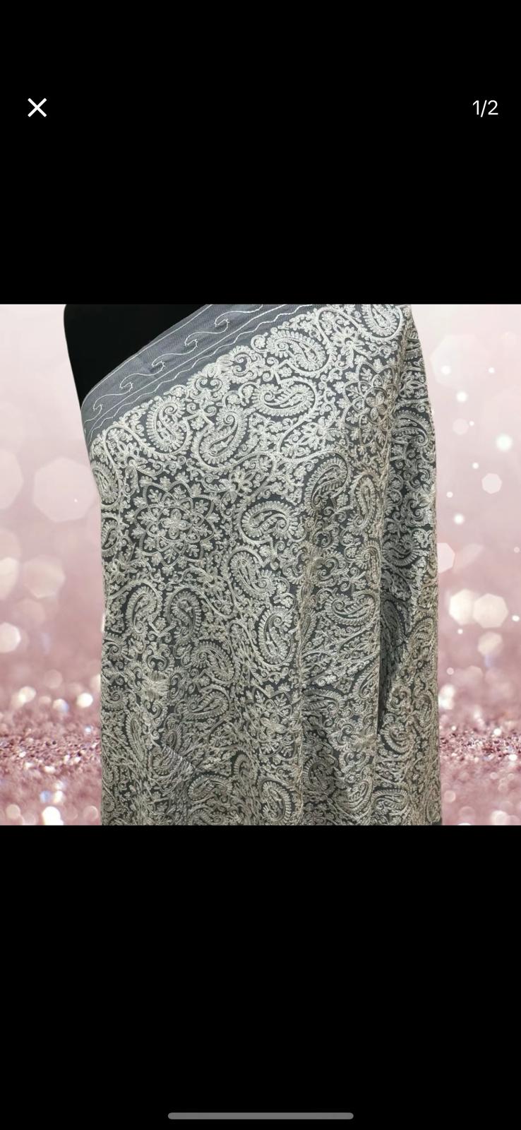 Luxurious Kashmiri Embroidery Shawl Grey with Silver Silk Elegant and Sophisticated Shawl 35x80 inches