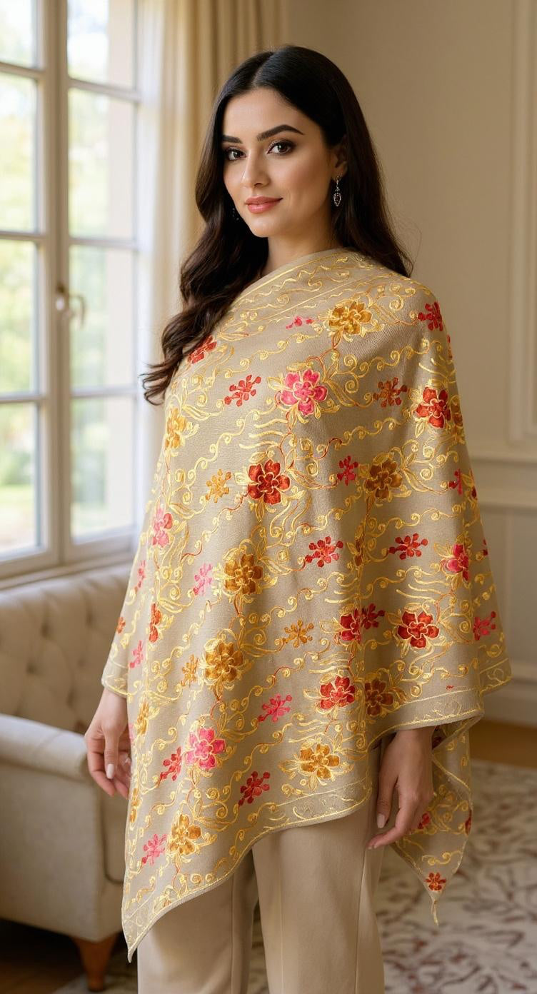 Luxurious Kashmiri Embroidery beige shawl with Florals 35x80 inches