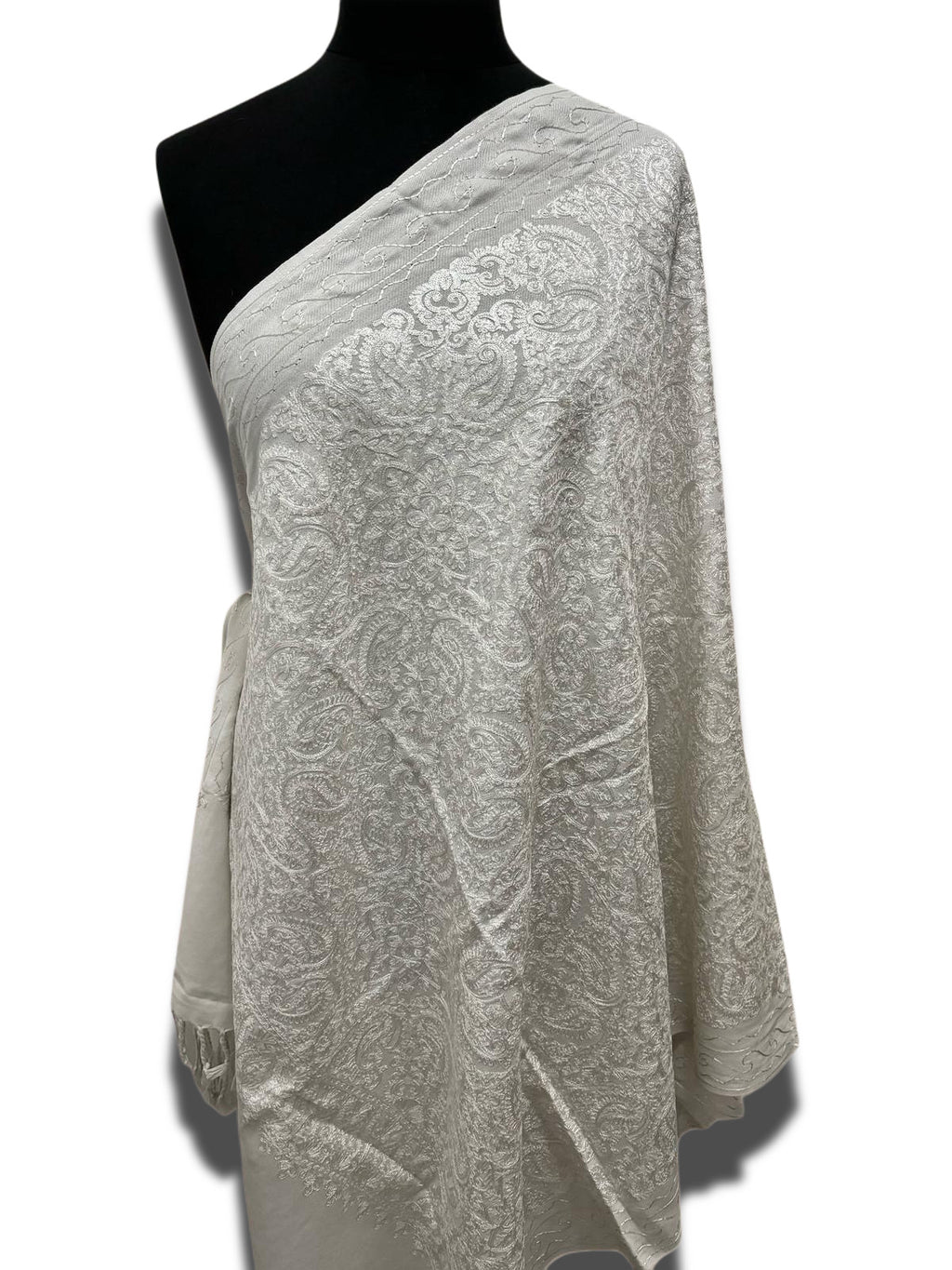 Luxurious Kashmiri Embroidery Shawl with White on White Design - Elegant and Sophisticated Shawl 35x80 inches