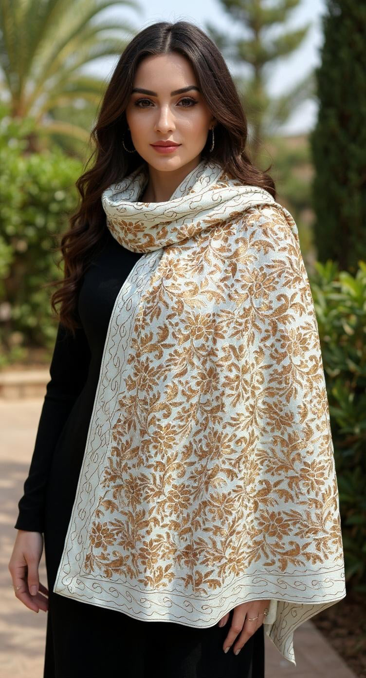 Luxurious Kashmiri Embroidery White Shawl with Gold Copper Intricate Design Fine Blended Wool Soft Durable Finish Classic Tones Subtle Silk Embroidery 35x80 inches
