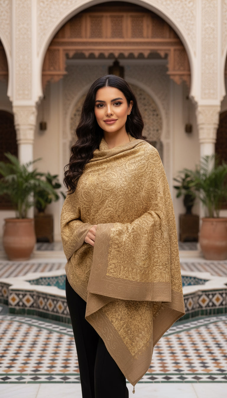 Luxurious Kashmiri Embroidery - Beige Gold Shawl with Gold silk embroidery Intricate Design 35x80 inches