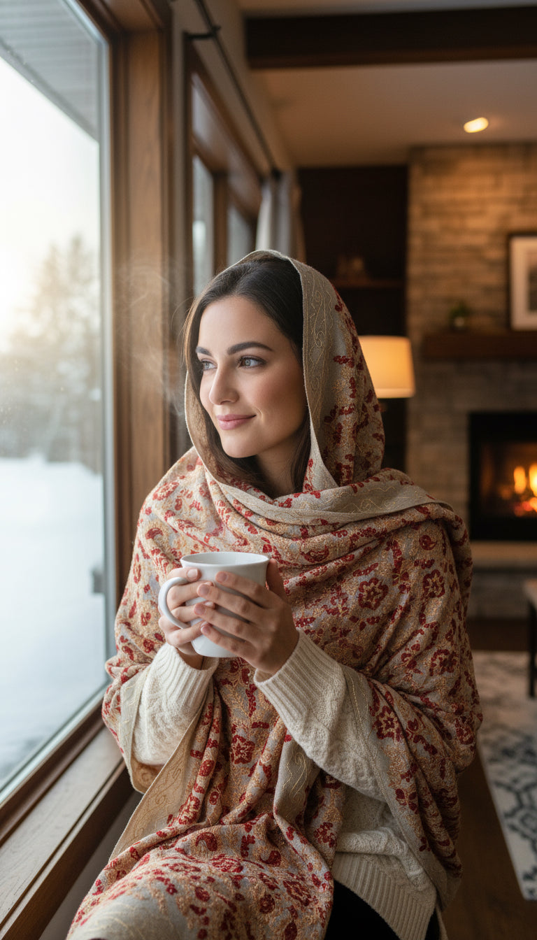 Luxurious Kashmiri Embroidery shawl Beige with Red and Gold silk kashmiri embroidery 35x80 inches