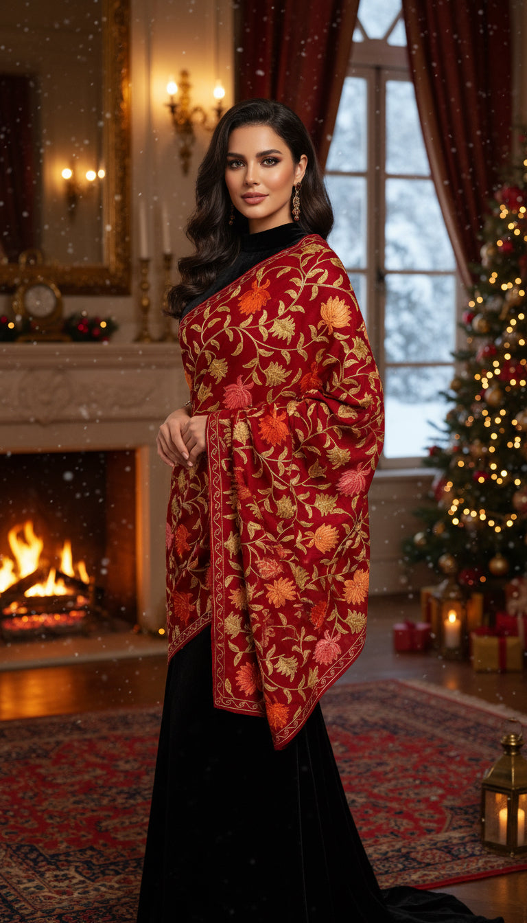 Luxurious Kashmiri Embroidery -  Red shawl with multi Kashmiri embroidery Intricate  Design 30x80 inches