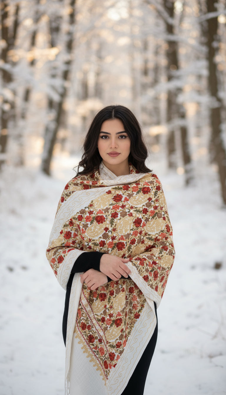 Luxurious Kashmiri Embroidery - cream Shawl with multi floral embroidery Intricate Design