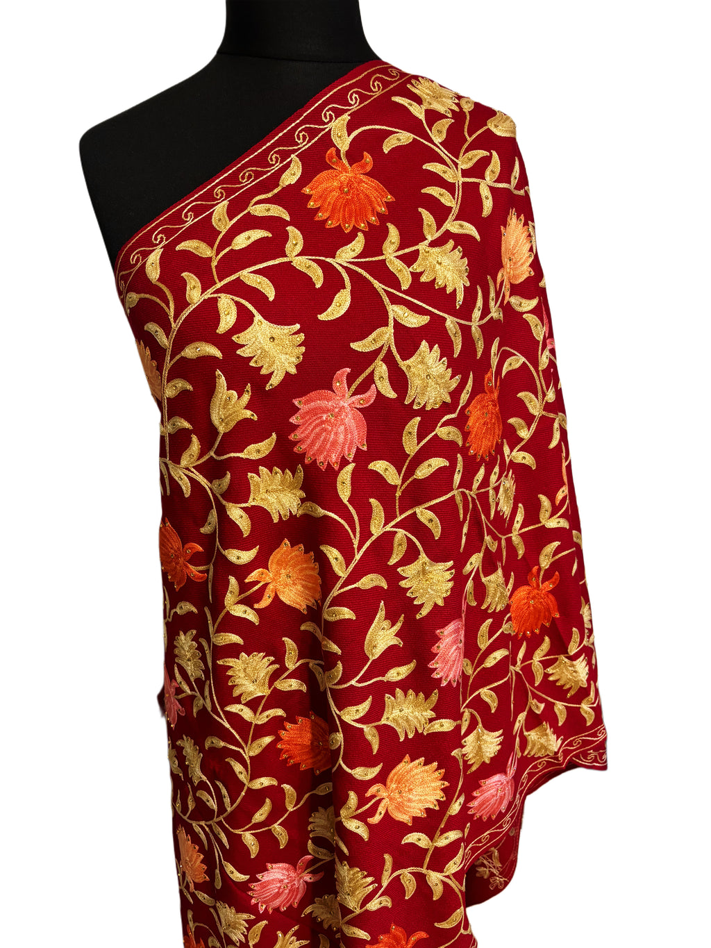 Luxurious Kashmiri Embroidery -  Red shawl with multi Kashmiri embroidery Intricate  Design 30x80 inches