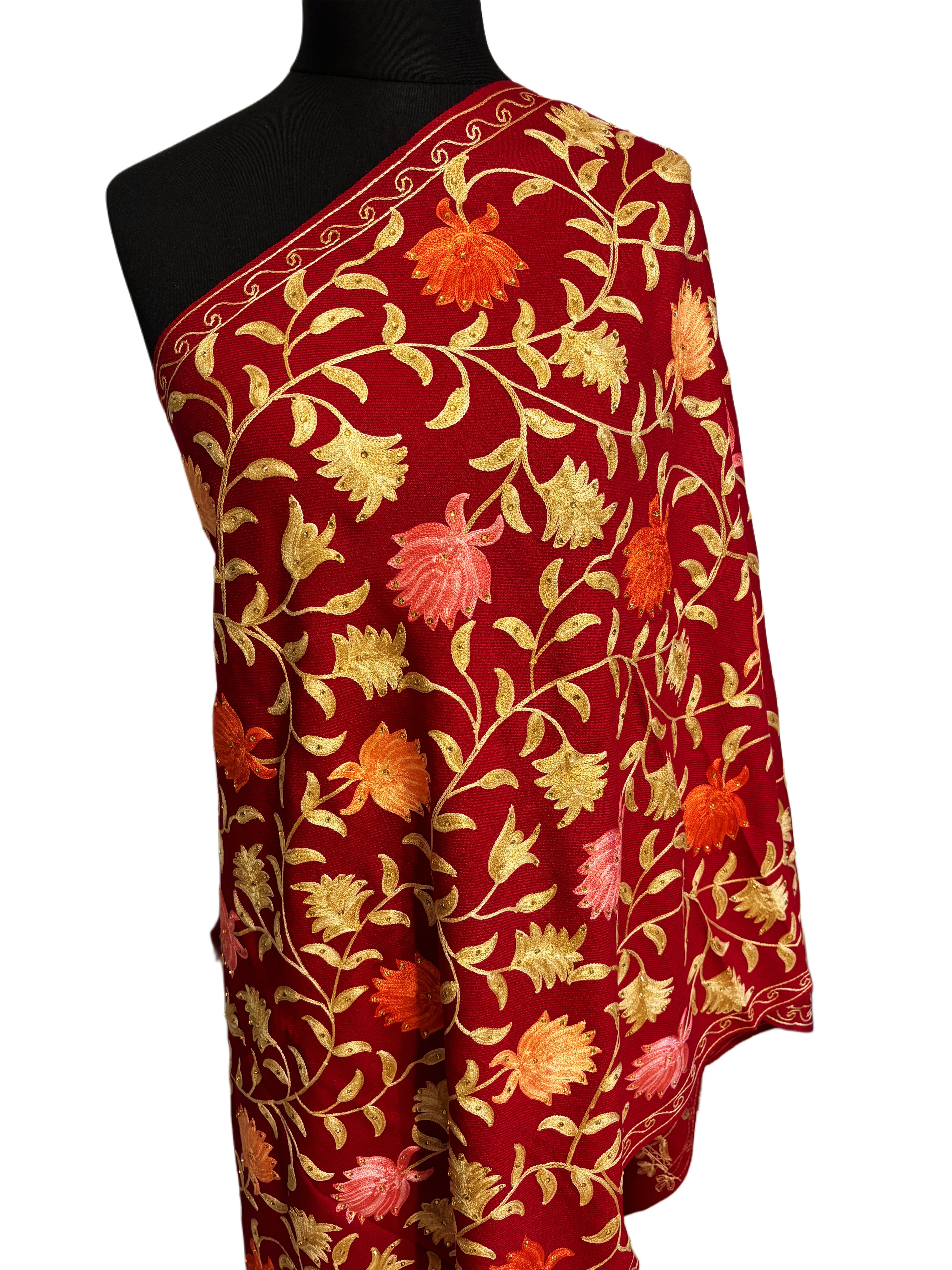 Luxurious Kashmiri Embroidery -  Red shawl with multi Kashmiri embroidery Intricate  Design 30x80 inches