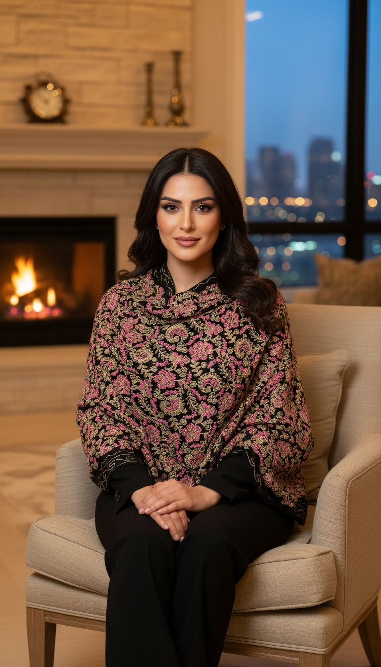 Luxurious Kashmiri Embroidery - Black Shawl with Pink and Gold embroidery Intricate  Design