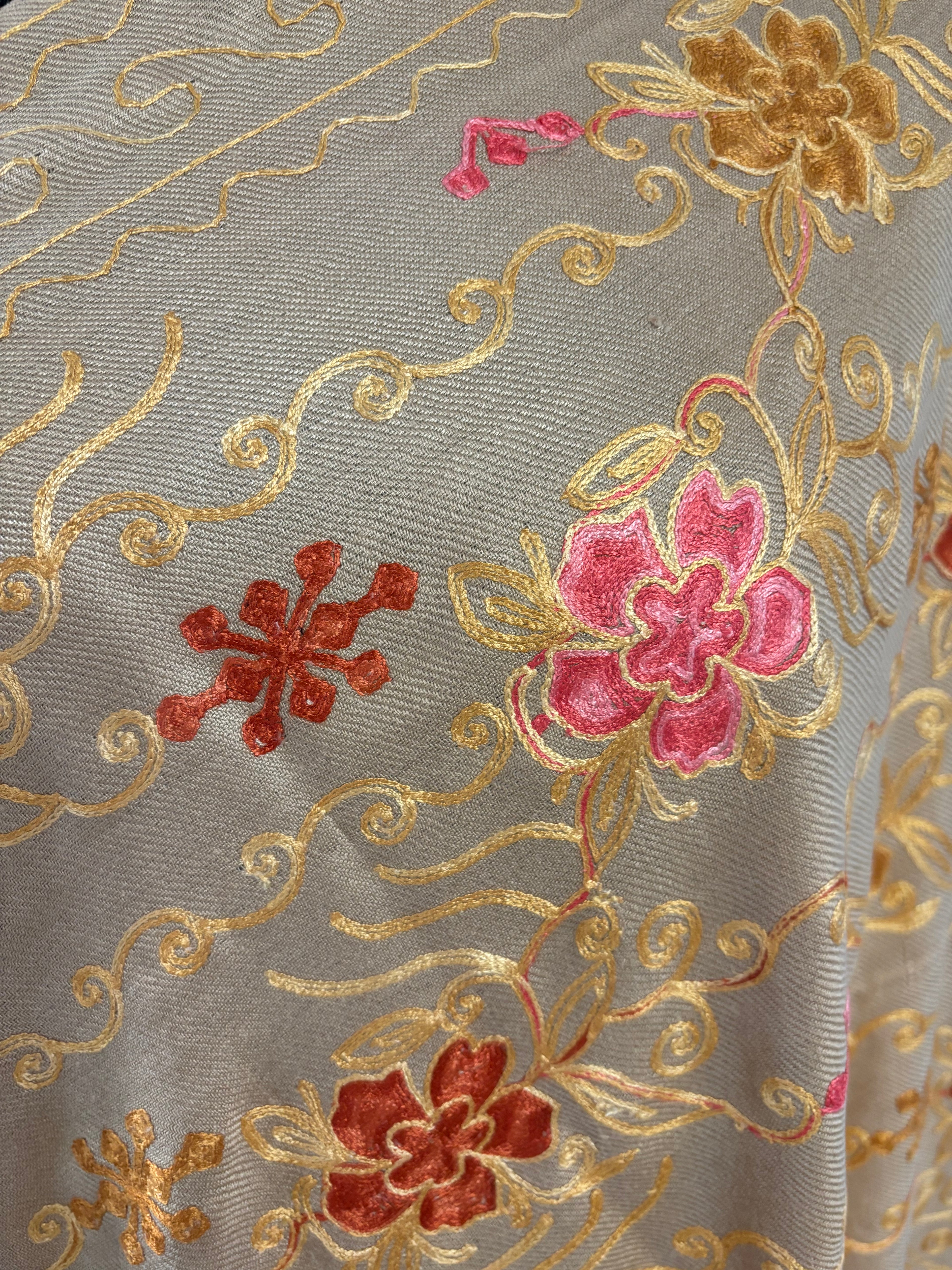 Luxurious Kashmiri Embroidery beige shawl with Florals 35x80 inches