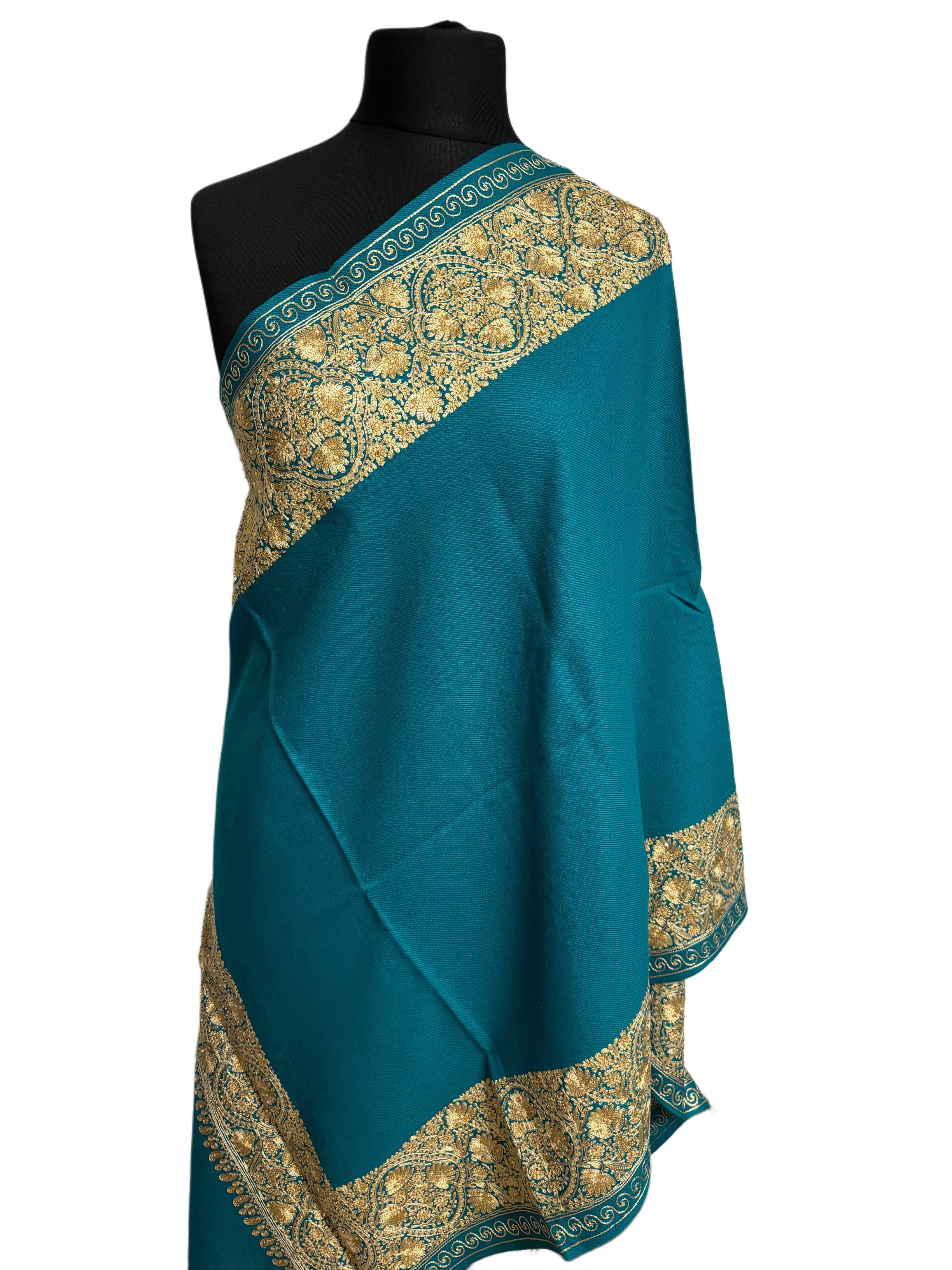 Luxurious Kashmiri Embroidery - Teal Shawl with gold embroidery Intricate  Design 35x80 inches