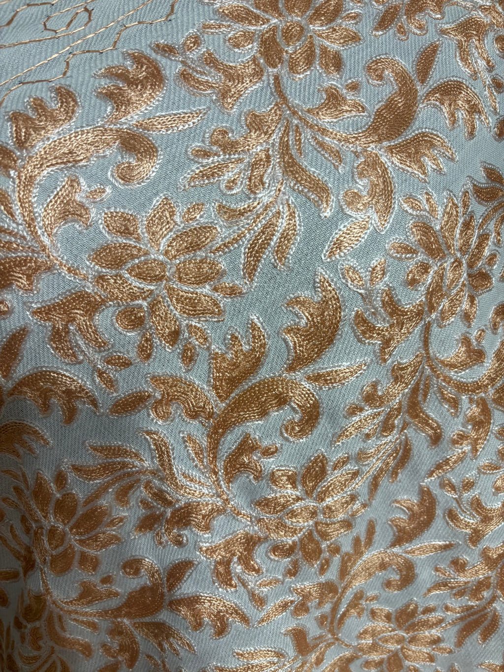 Luxurious Kashmiri Embroidery White Shawl with Gold Copper Intricate Design Fine Blended Wool Soft Durable Finish Classic Tones Subtle Silk Embroidery 35x80 inches