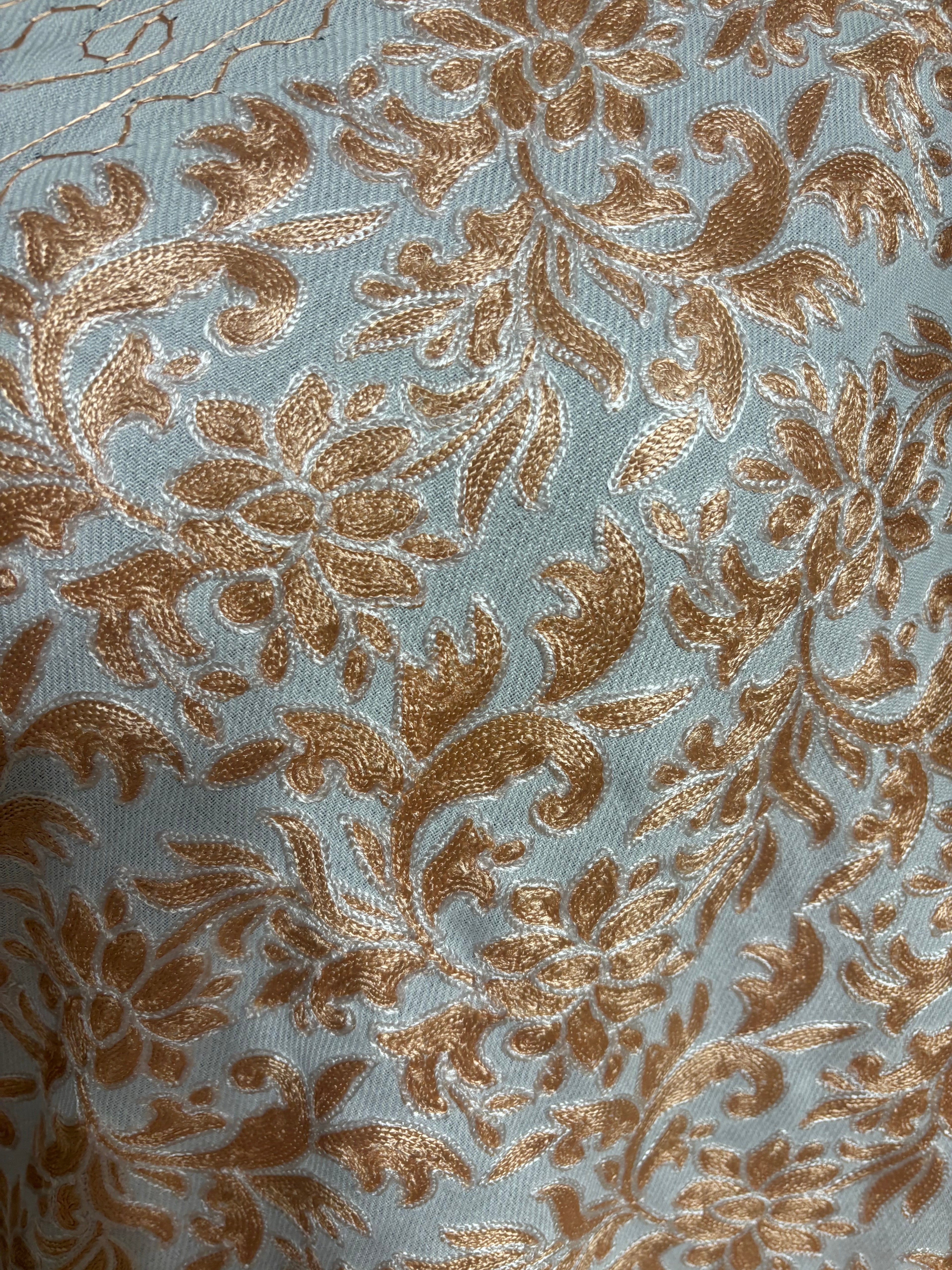 Luxurious Kashmiri Embroidery White Shawl with Gold Copper Intricate Design Fine Blended Wool Soft Durable Finish Classic Tones Subtle Silk Embroidery 35x80 inches