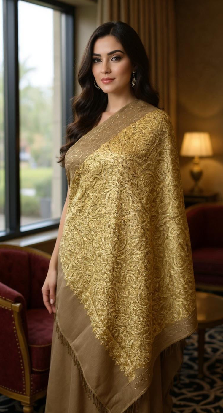 Luxurious Kashmiri Embroidery - Beige Gold Shawl with Gold silk embroidery Intricate Design 35x80 inches