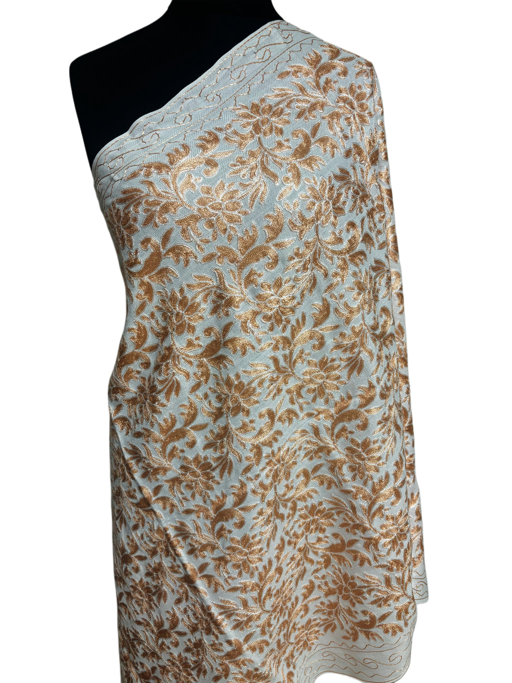 Luxurious Kashmiri Embroidery White Shawl with Gold Copper Intricate Design Fine Blended Wool Soft Durable Finish Classic Tones Subtle Silk Embroidery 35x80 inches
