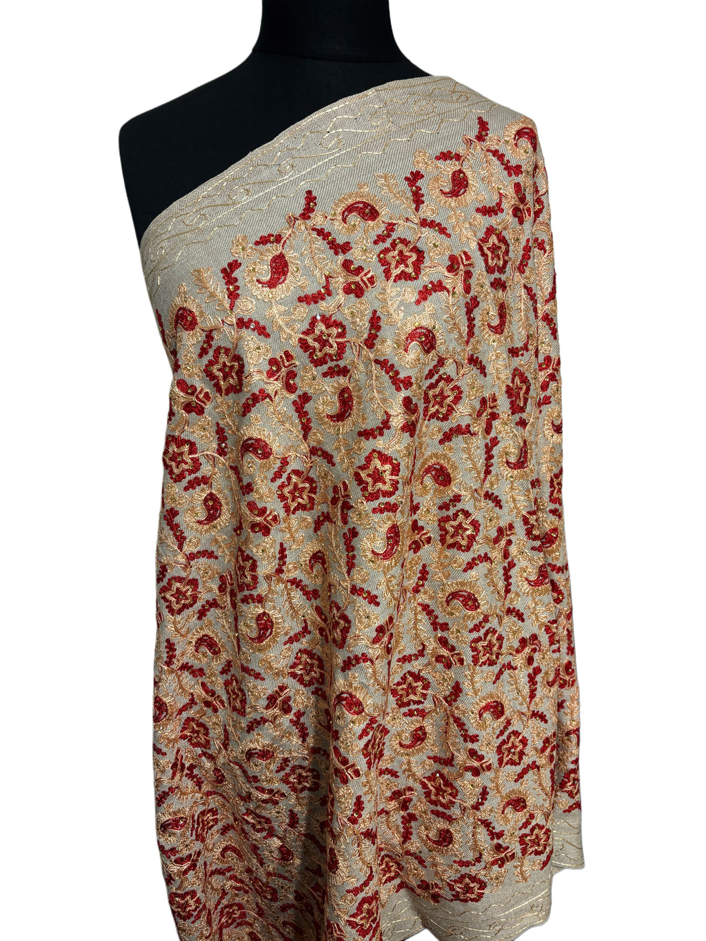 Luxurious Kashmiri Embroidery shawl Beige with Red and Gold silk kashmiri embroidery 35x80 inches