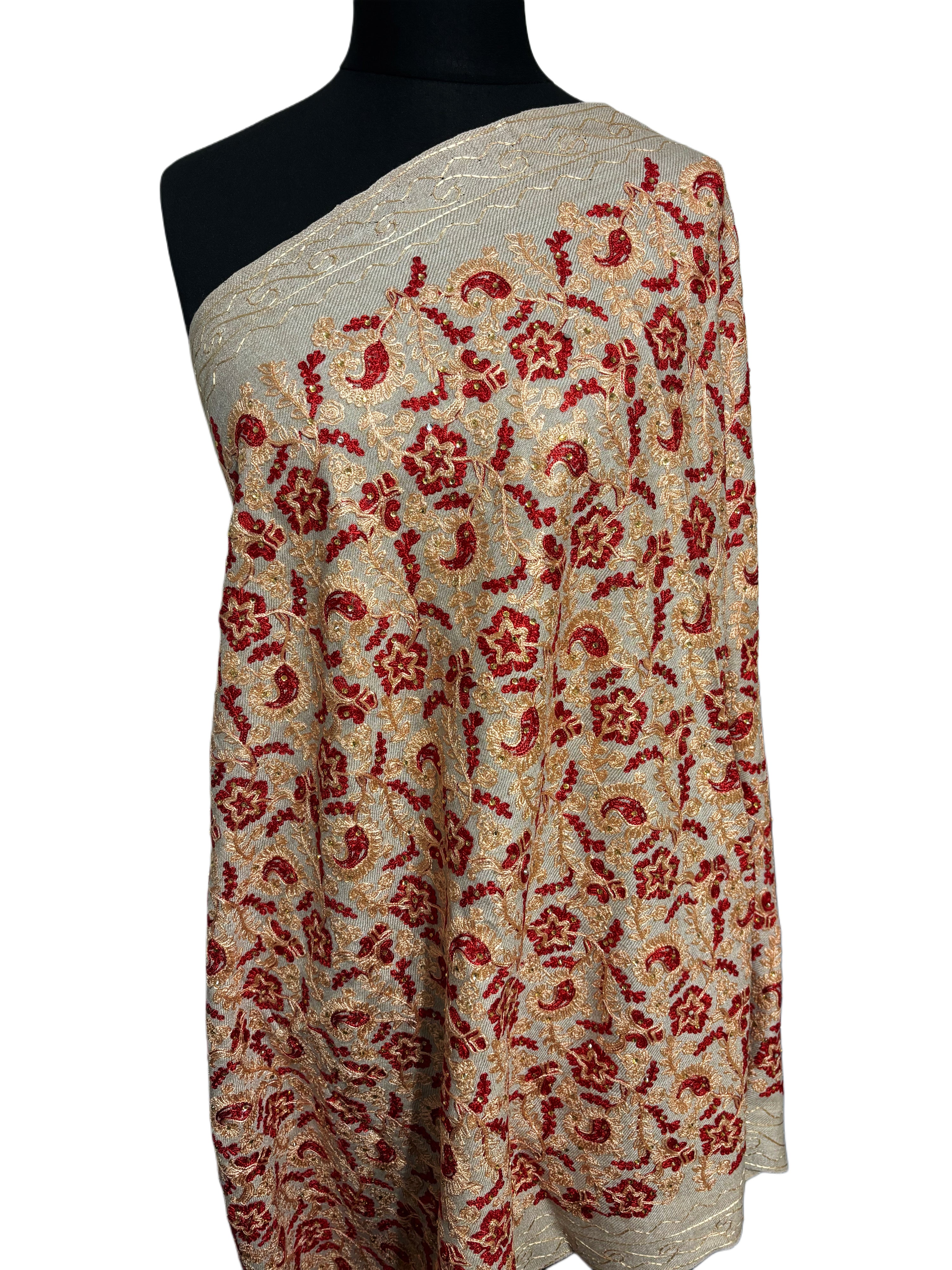 Luxurious Kashmiri Embroidery shawl Beige with Red and Gold silk kashmiri embroidery 35x80 inches
