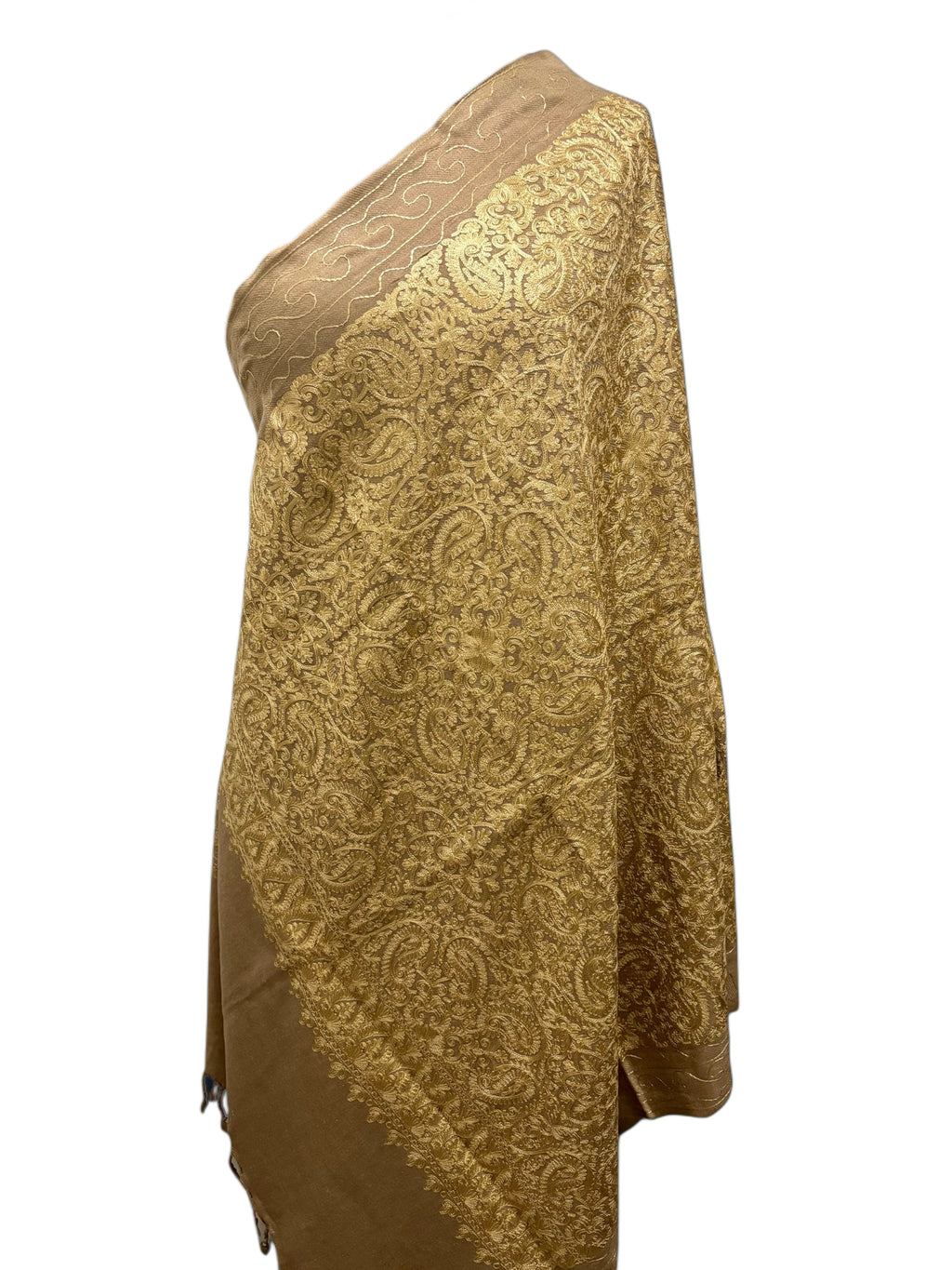 Luxurious Kashmiri Embroidery - Beige Gold Shawl with Gold silk embroidery Intricate Design 35x80 inches