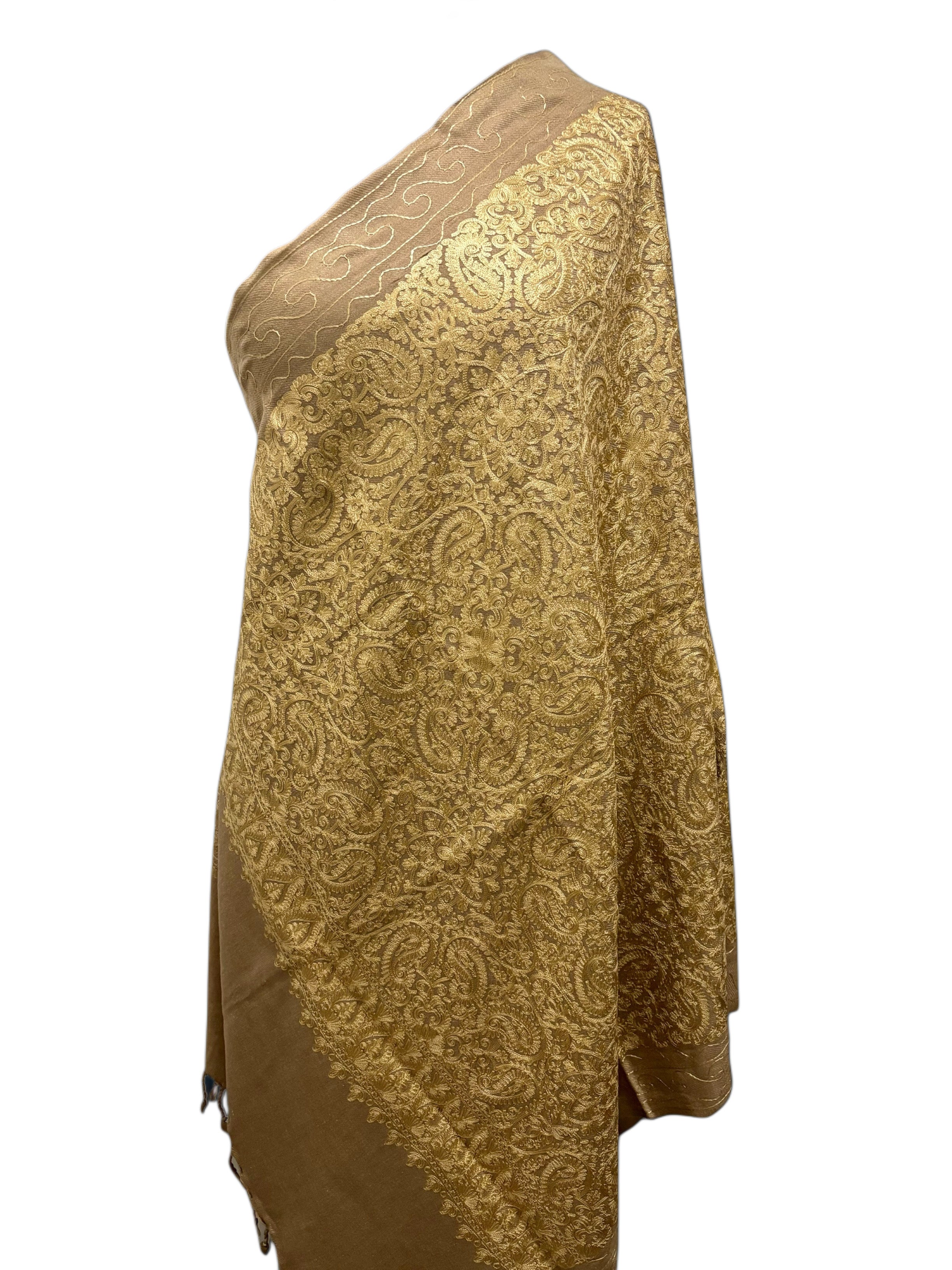 Luxurious Kashmiri Embroidery - Beige Gold Shawl with Gold silk embroidery Intricate Design 35x80 inches