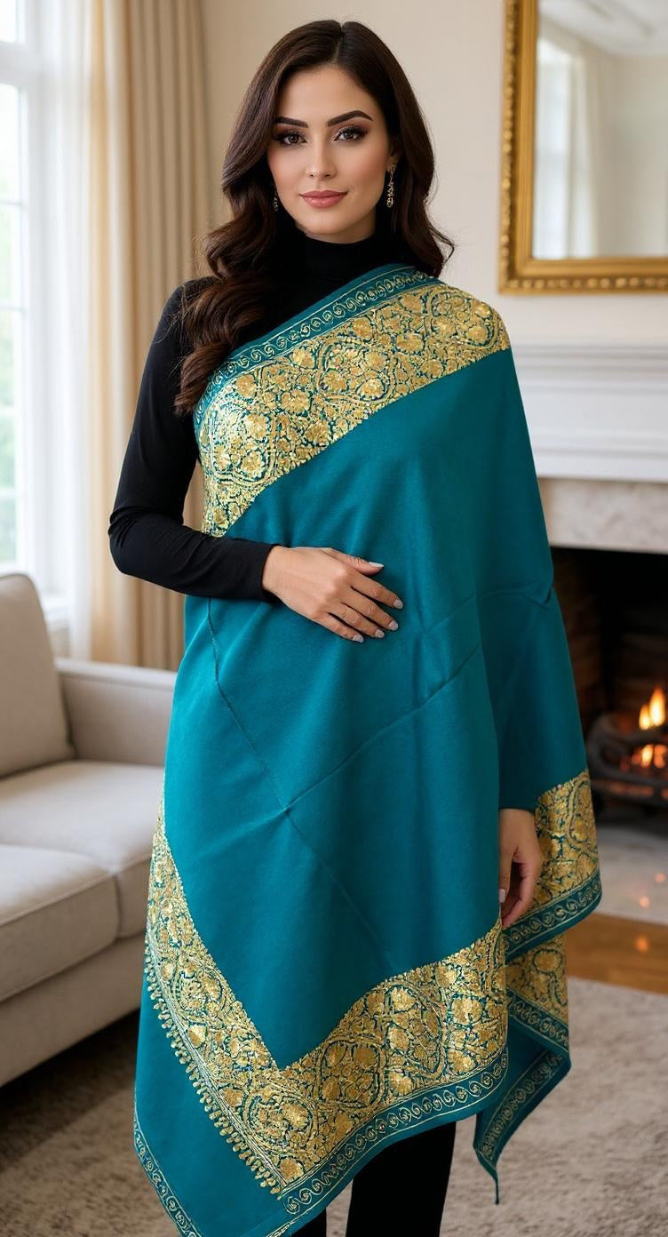 Luxurious Kashmiri Embroidery - Teal Shawl with gold embroidery Intricate  Design 35x80 inches