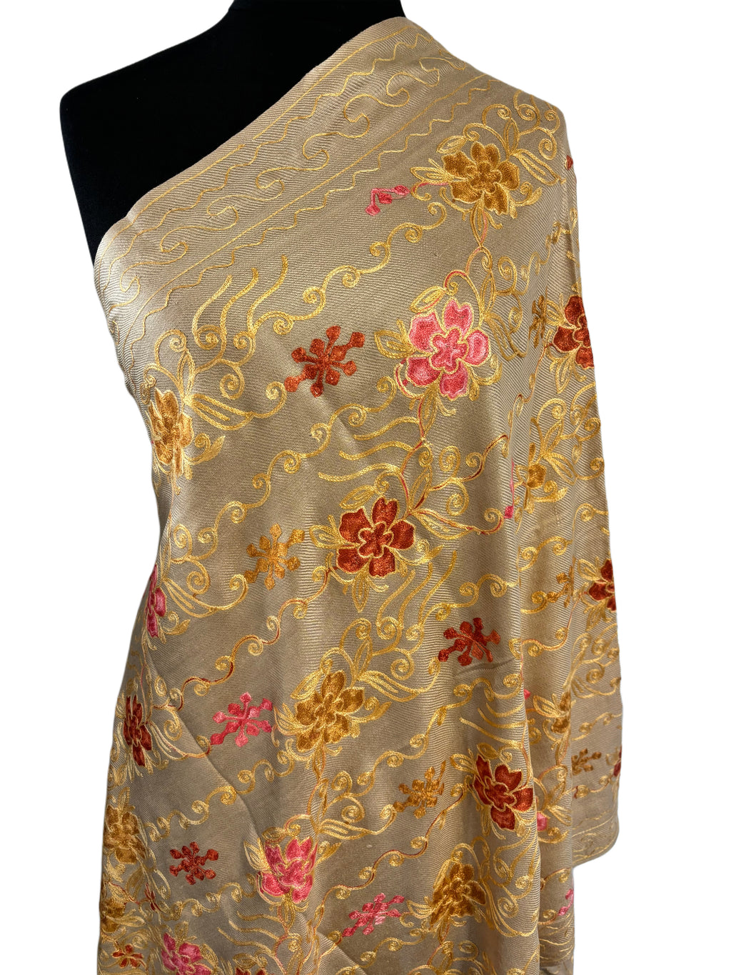 Luxurious Kashmiri Embroidery beige shawl with Florals 35x80 inches