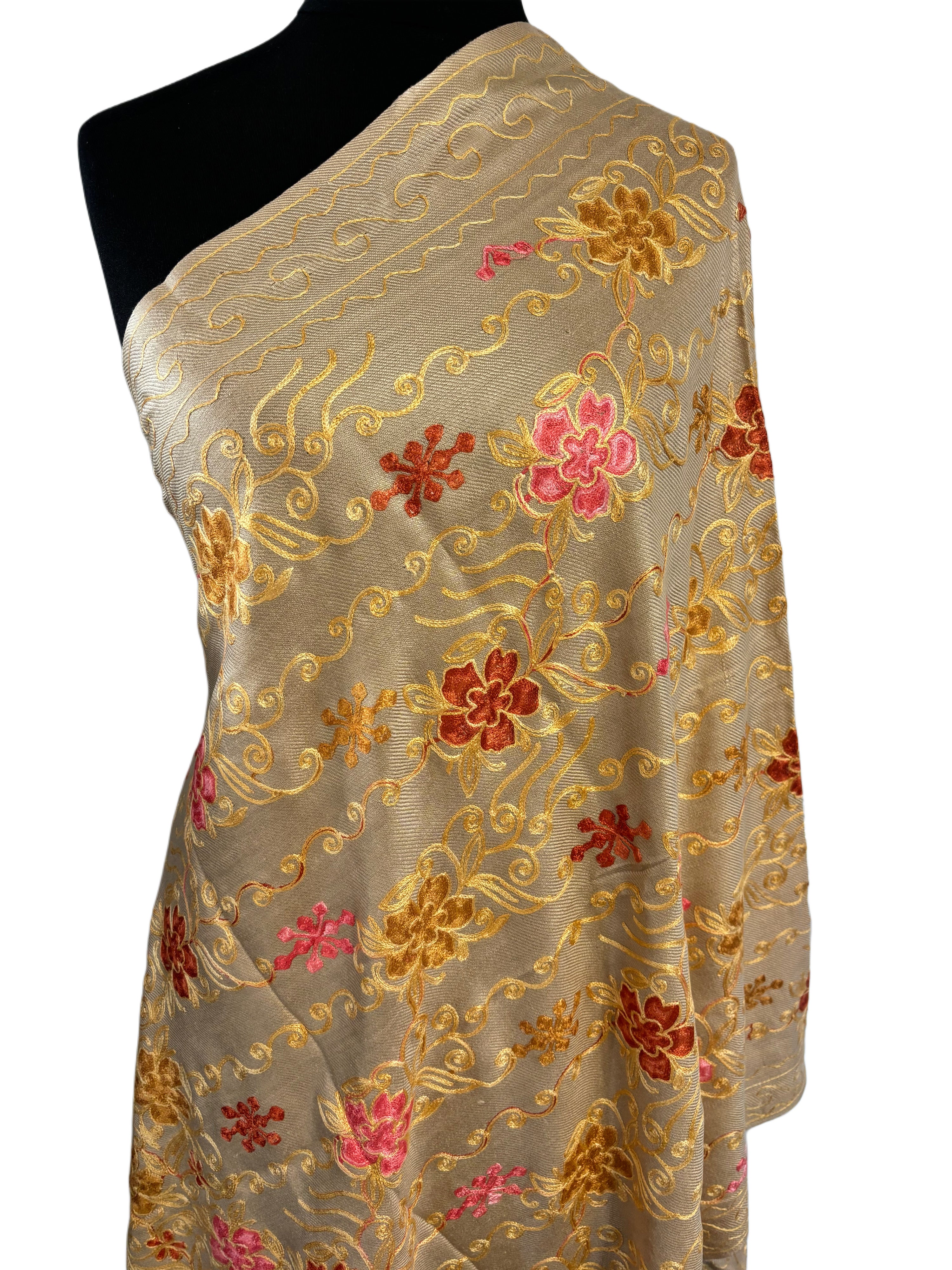Luxurious Kashmiri Embroidery beige shawl with Florals 35x80 inches