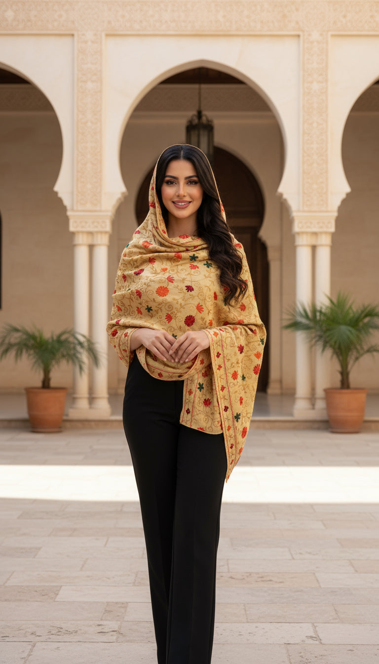 Luxurious Kashmiri Hand Embroidery shawl with Beige and Florals 30x80 inches