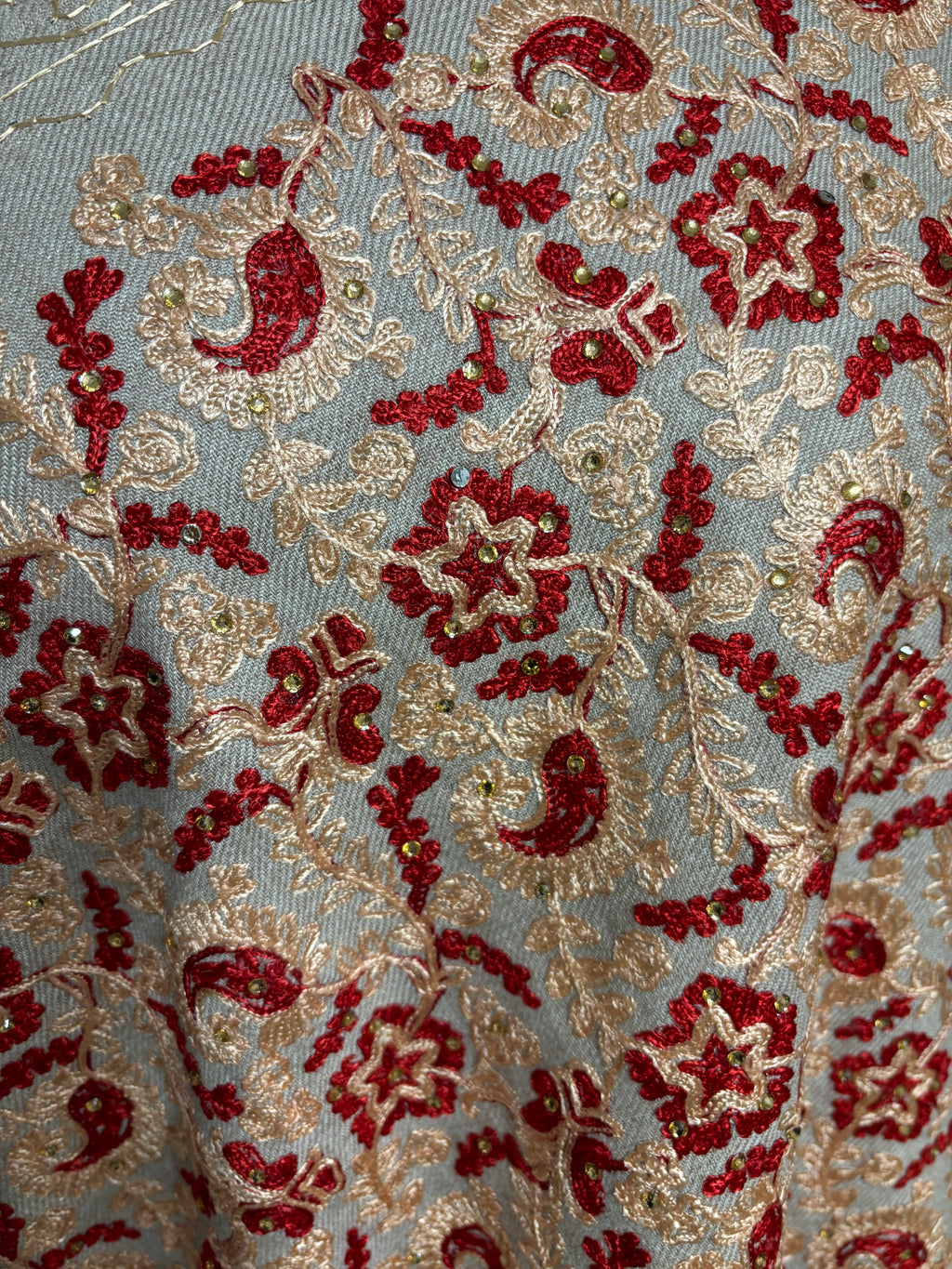 Luxurious Kashmiri Embroidery shawl Beige with Red and Gold silk kashmiri embroidery 35x80 inches