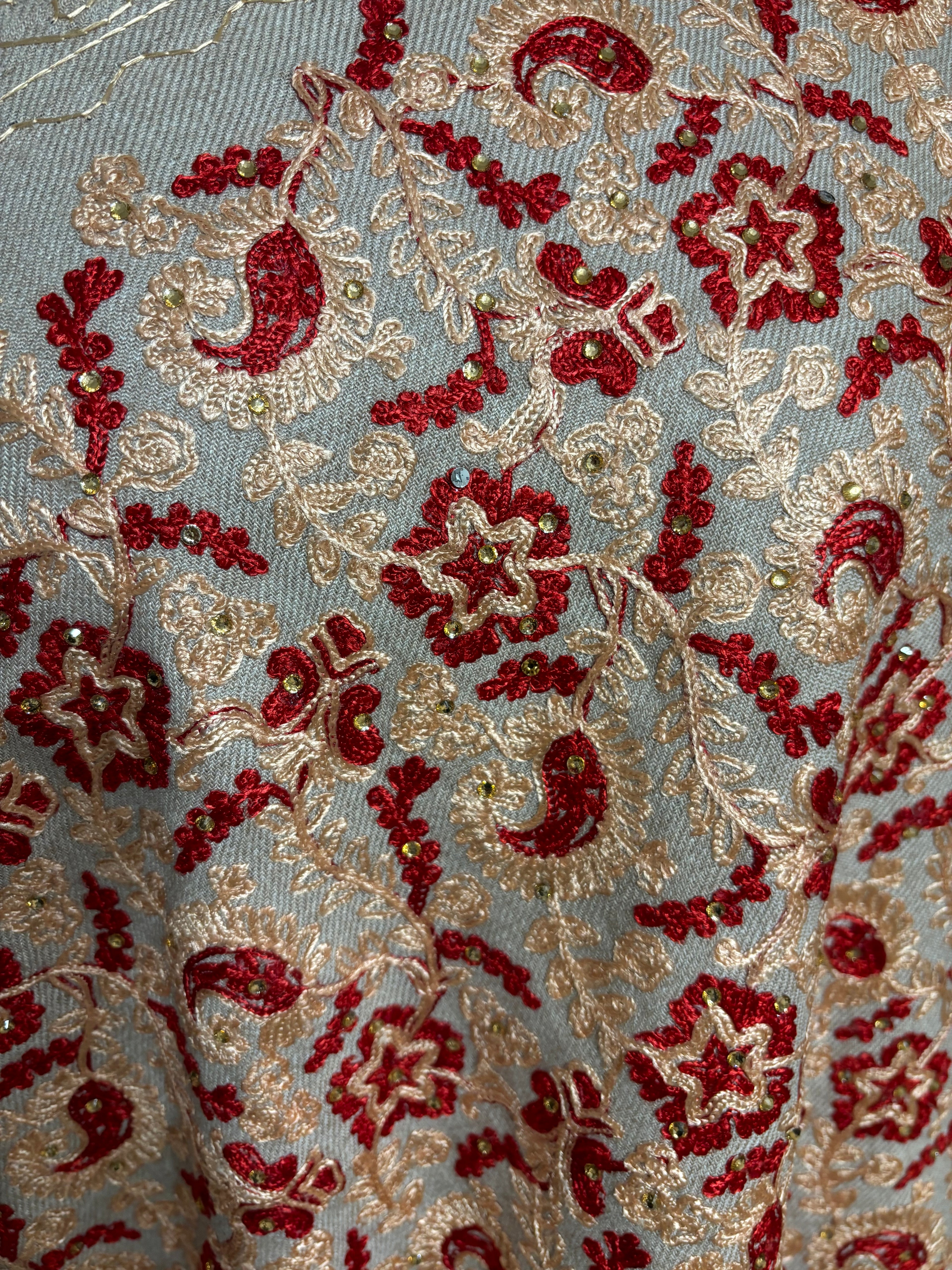 Luxurious Kashmiri Embroidery shawl Beige with Red and Gold silk kashmiri embroidery 35x80 inches