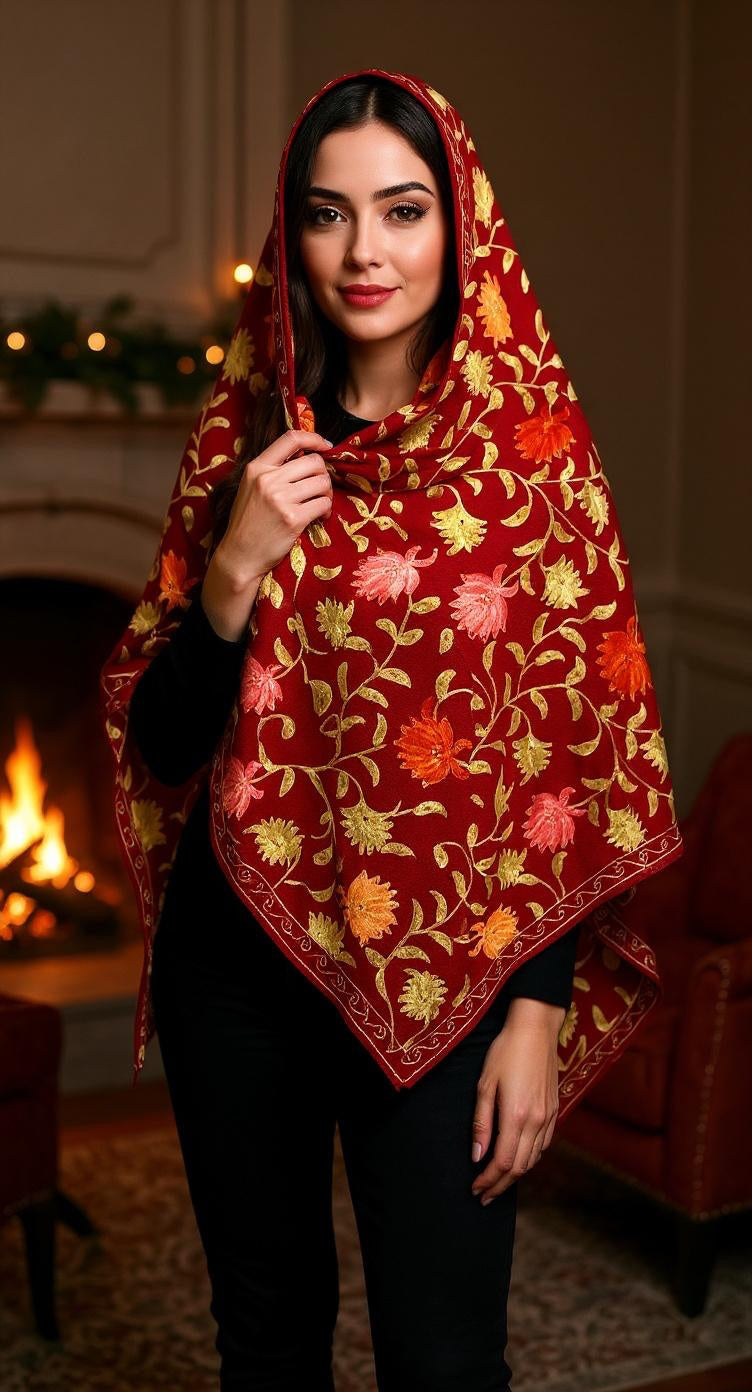 Luxurious Kashmiri Embroidery -  Red shawl with multi Kashmiri embroidery Intricate  Design 30x80 inches