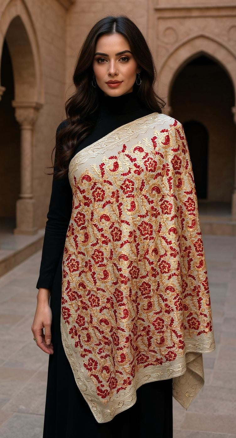 Luxurious Kashmiri Embroidery shawl Beige with Red and Gold silk kashmiri embroidery 35x80 inches