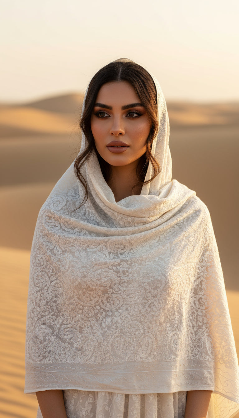 Luxurious Kashmiri Embroidery Shawl with White on White Design - Elegant and Sophisticated Shawl 35x80 inches