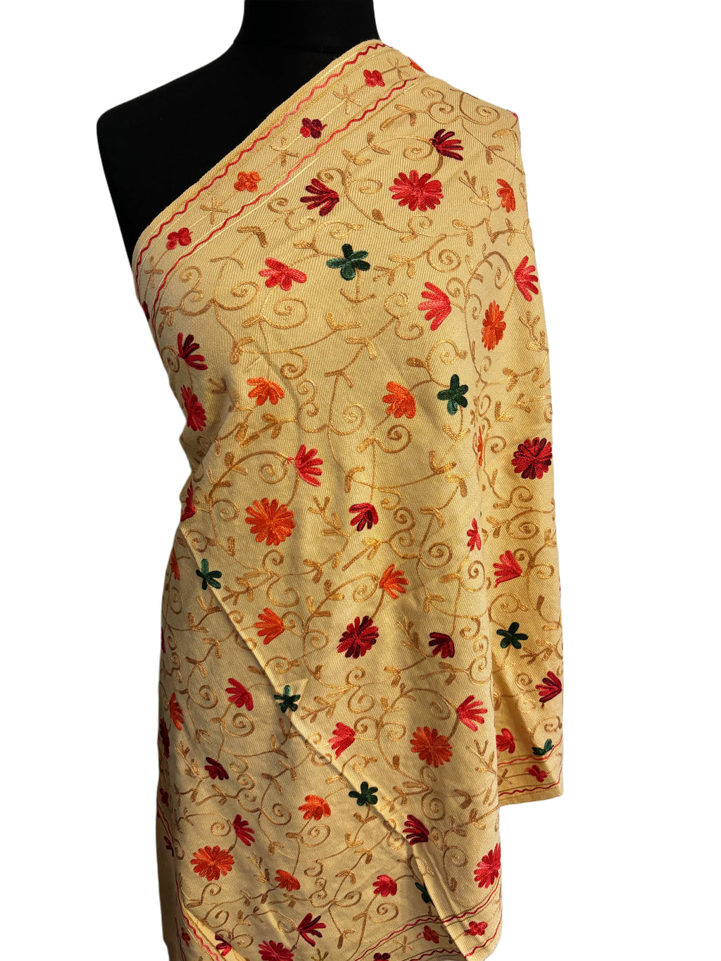 Luxurious Kashmiri Hand Embroidery shawl with Beige and Florals 30x80 inches