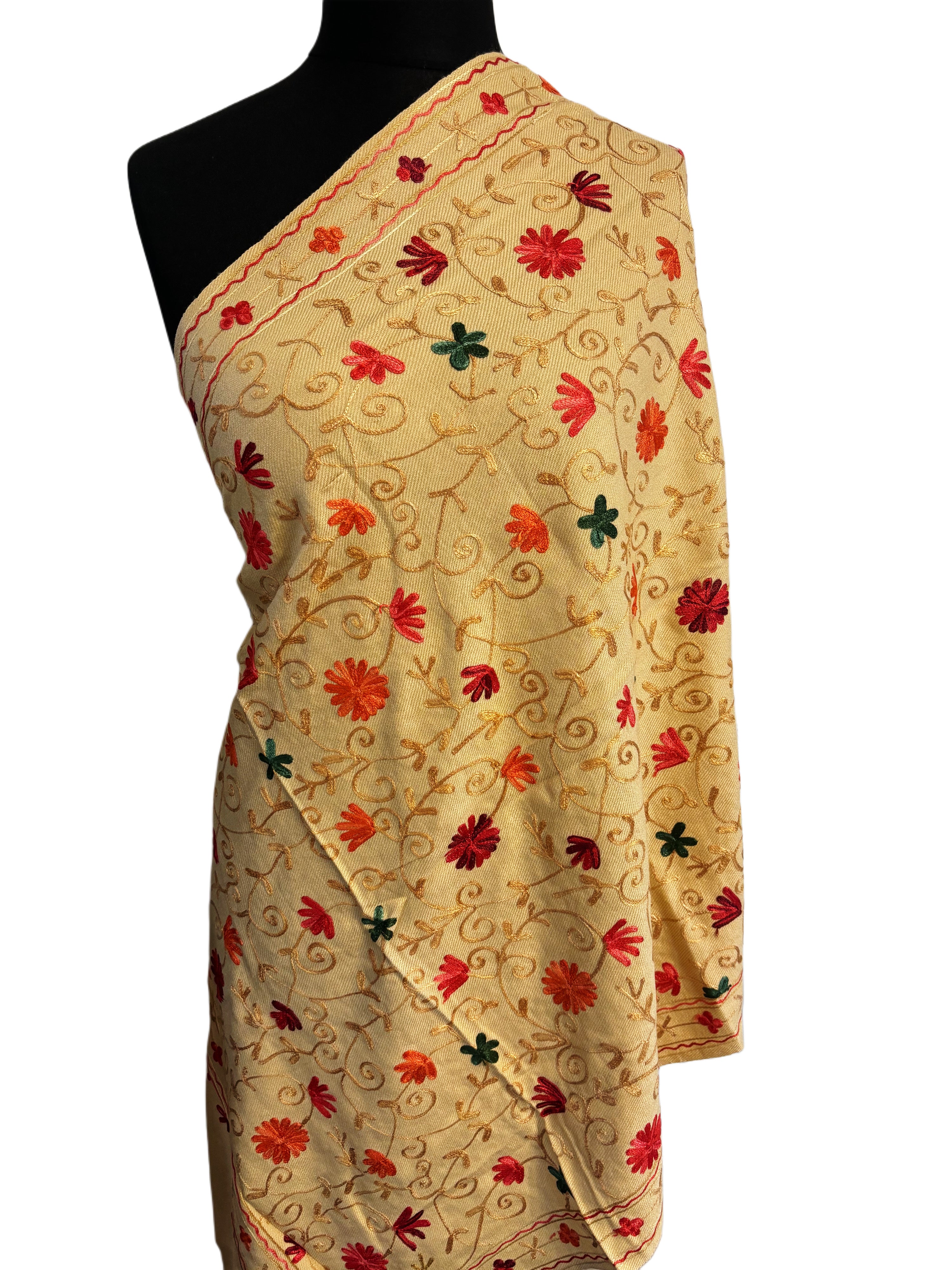 Luxurious Kashmiri Hand Embroidery shawl with Beige and Florals 30x80 inches