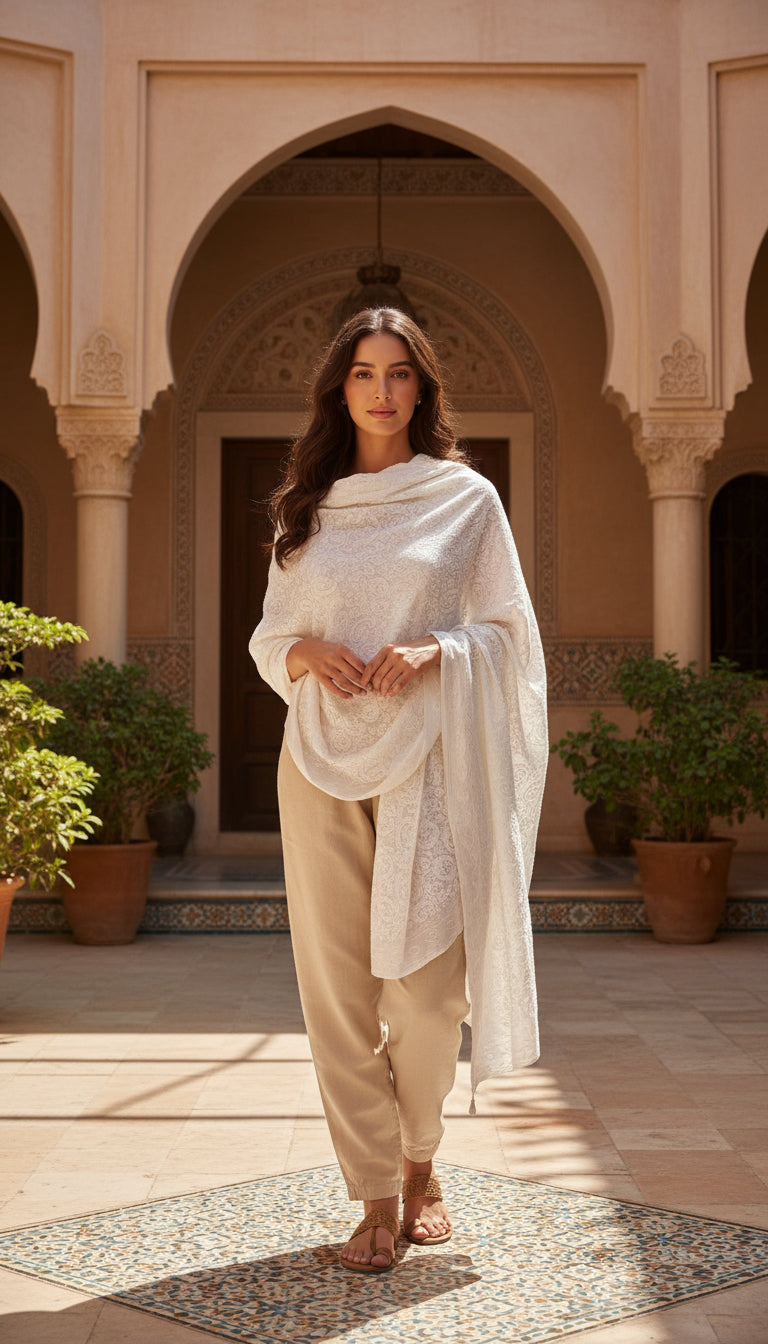 Luxurious Kashmiri Embroidery Shawl with White on White Design - Elegant and Sophisticated Shawl 35x80 inches