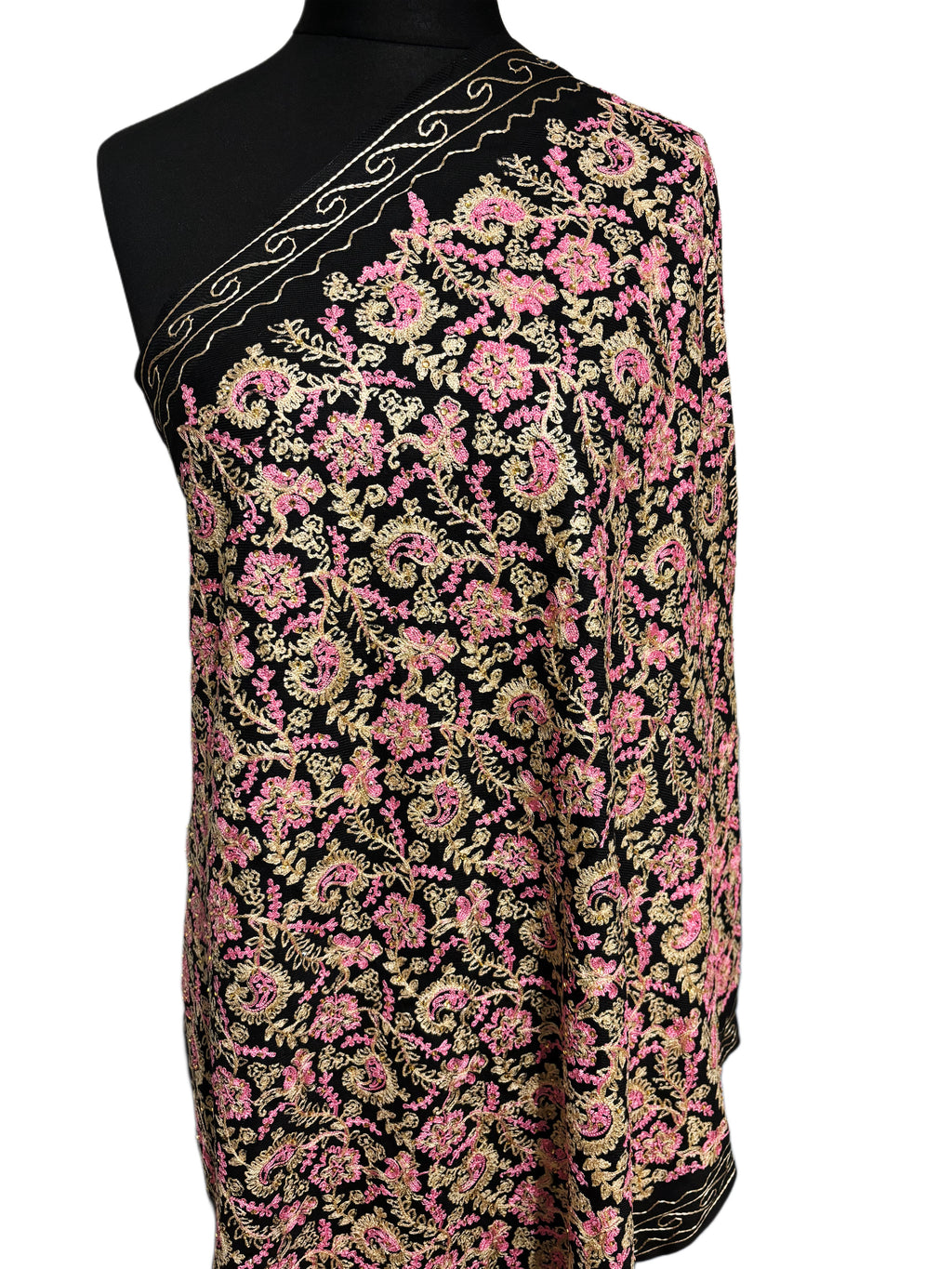 Luxurious Kashmiri Embroidery - Black Shawl with Pink and Gold embroidery Intricate  Design