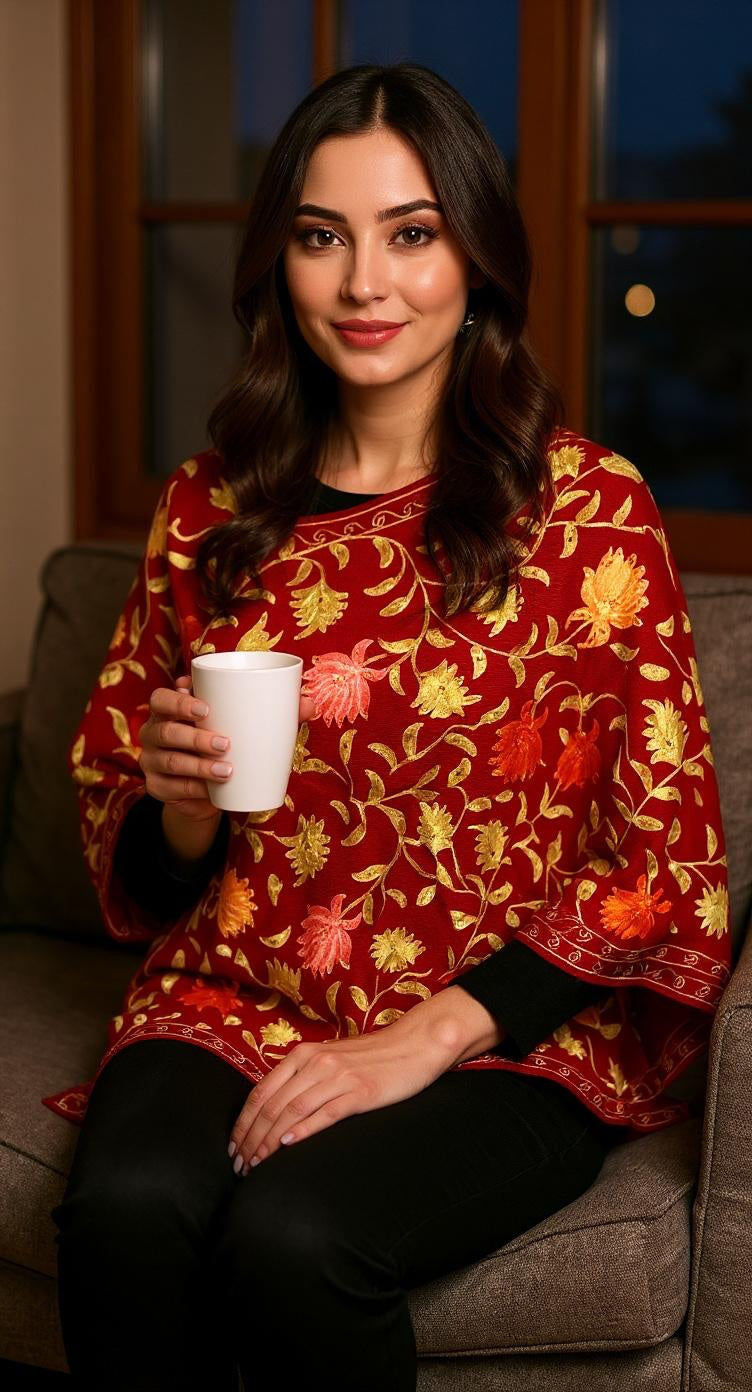 Luxurious Kashmiri Embroidery -  Red shawl with multi Kashmiri embroidery Intricate  Design 30x80 inches