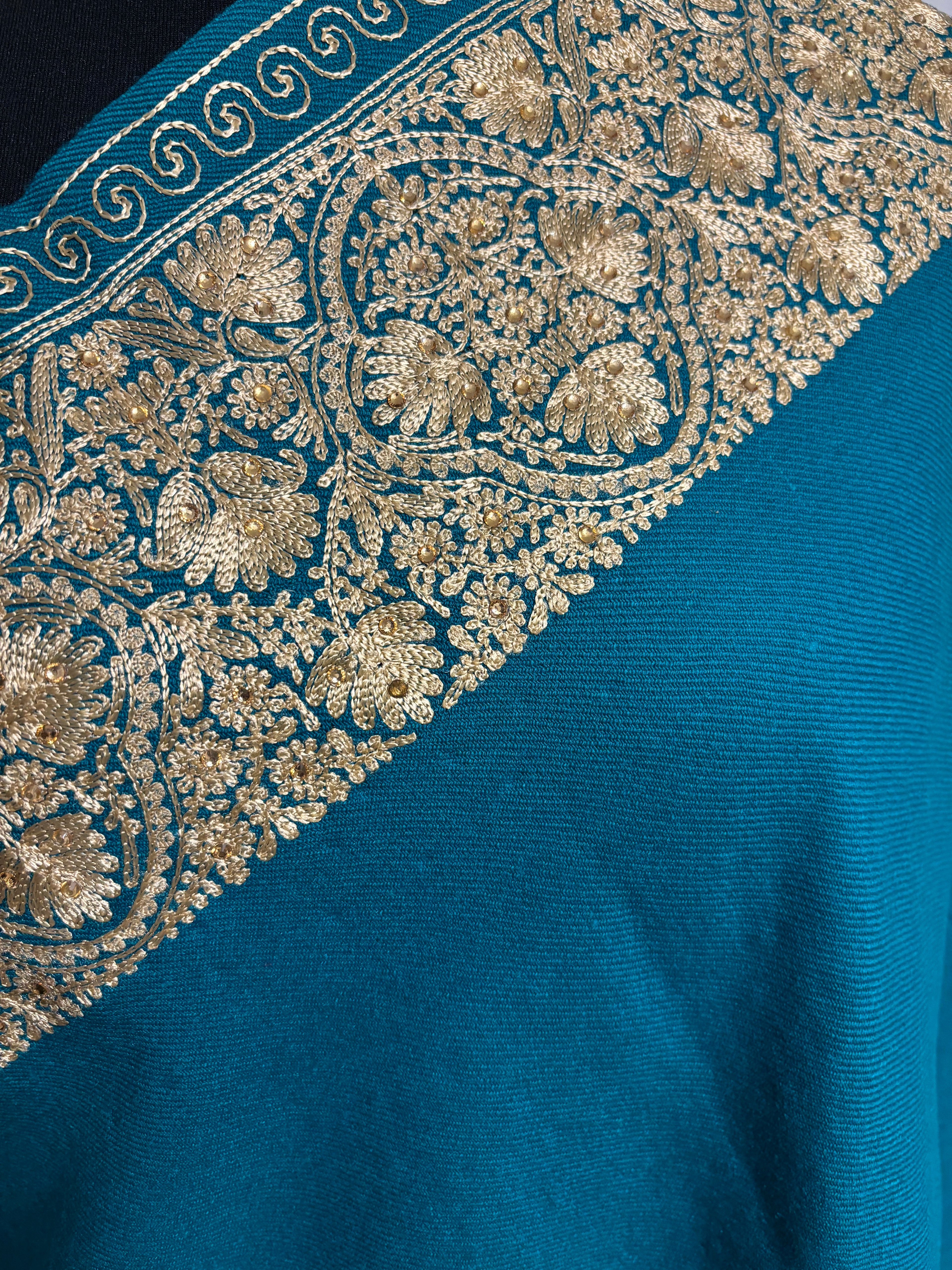 Luxurious Kashmiri Embroidery - Teal Shawl with gold embroidery Intricate  Design 35x80 inches