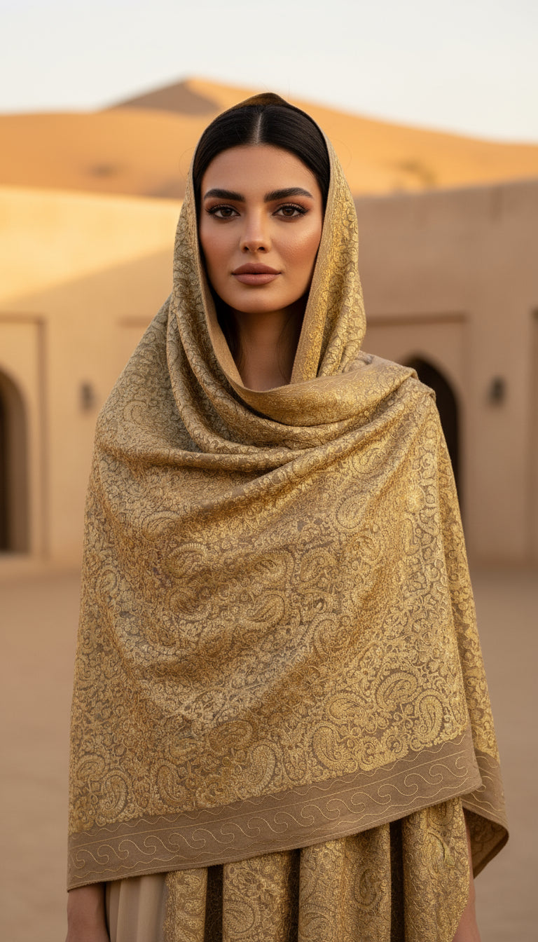 Luxurious Kashmiri Embroidery - Beige Gold Shawl with Gold silk embroidery Intricate Design 35x80 inches